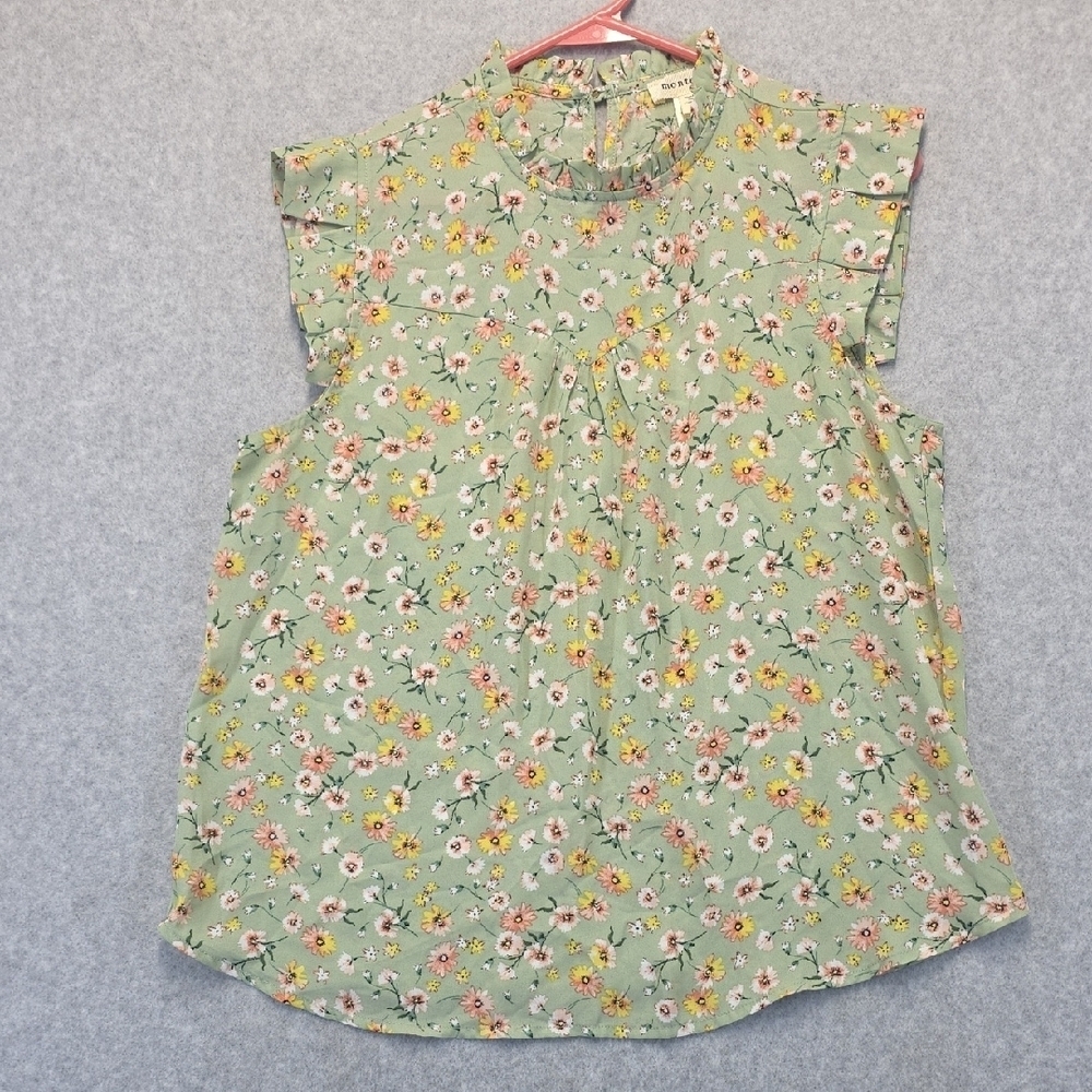 Monteau Los Angeles Floral Blouse Green Cap Sleeve Women’s Large